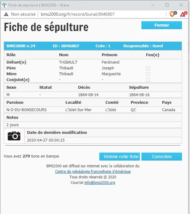 Fiche de sépulture de la base de données BMS2000 Fiche de sépulture de la base de données BMS2000