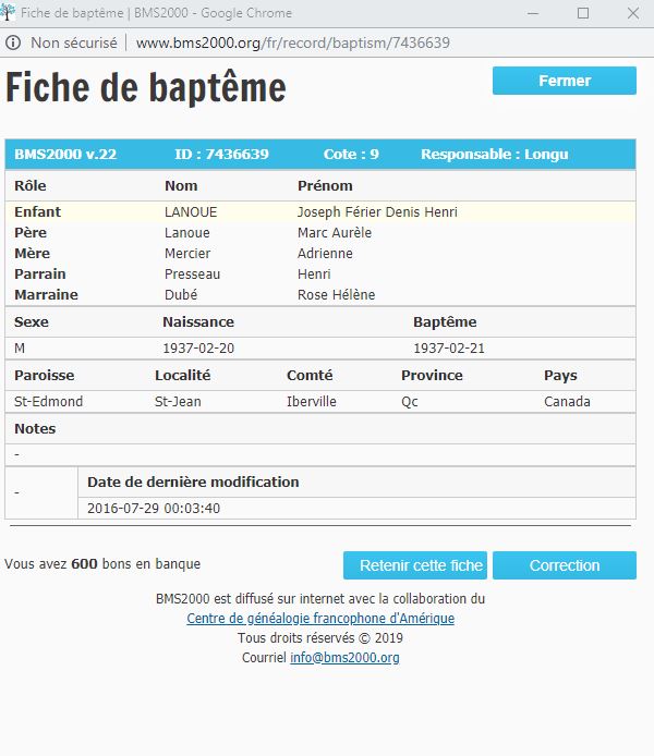 Fiche de baptême de la base de données BMS2000