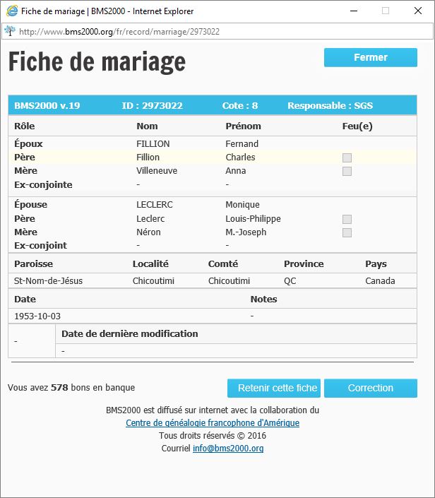 Fiche de mariage de la base de données BMS2000 Fiche de mariage de la base de données BMS2000