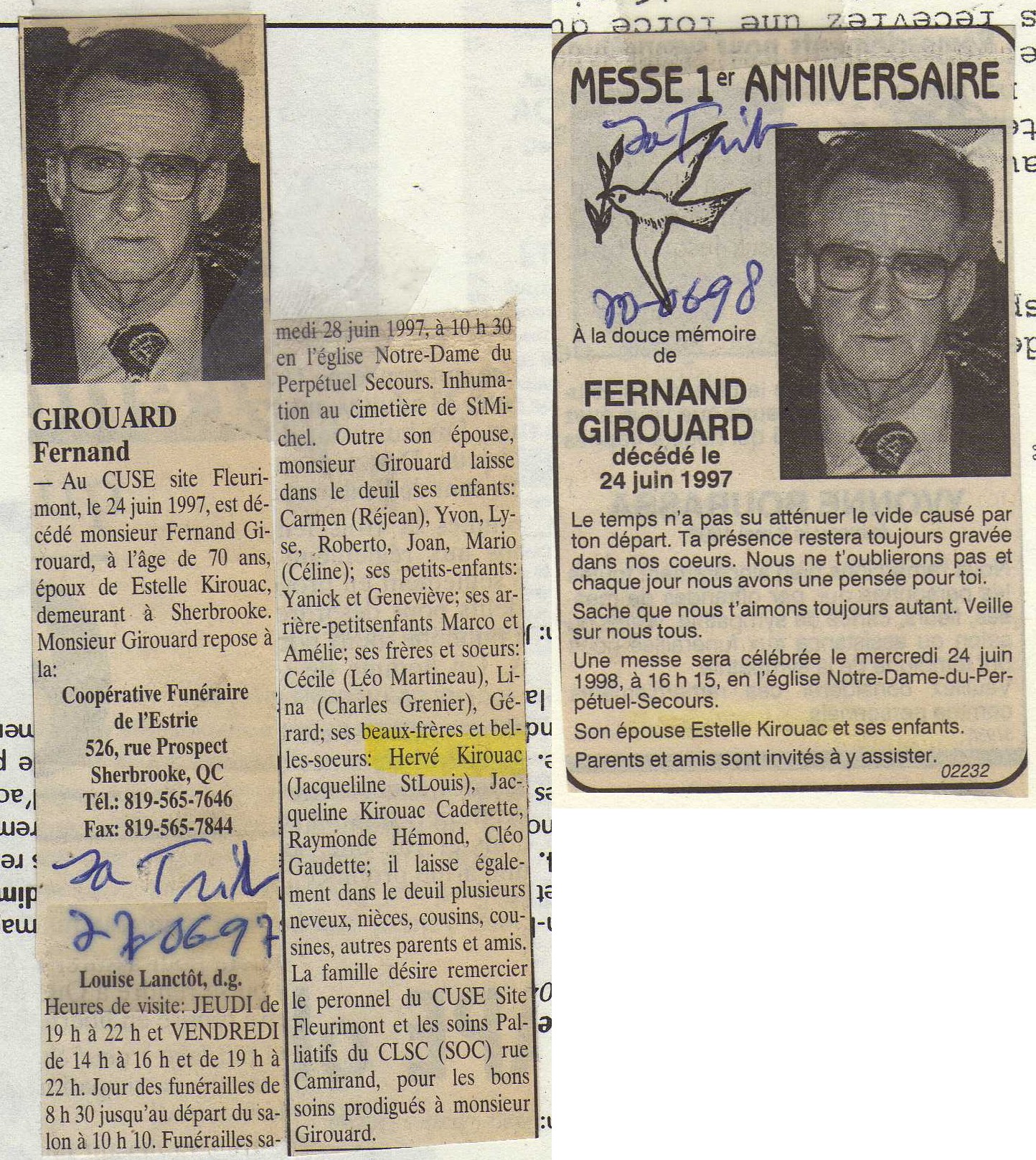 Nécrologie et messe anniversaire