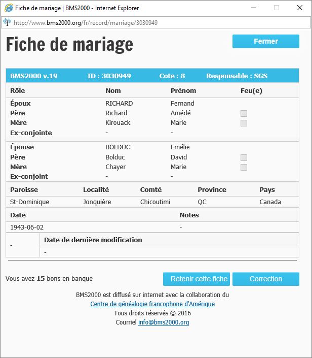 Fiche de mariage de la base de données BMS2000 Fiche de mariage de la base de données BMS2000
