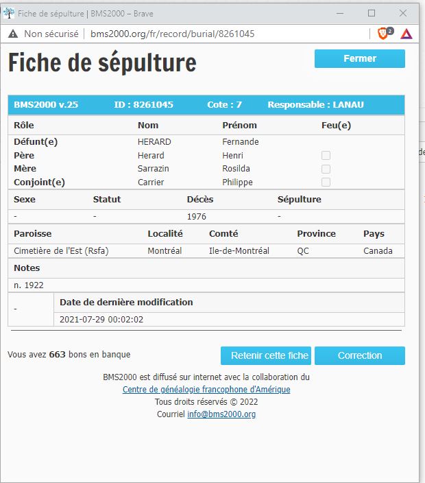 Fiche de sépulture de la base de données BMS2000