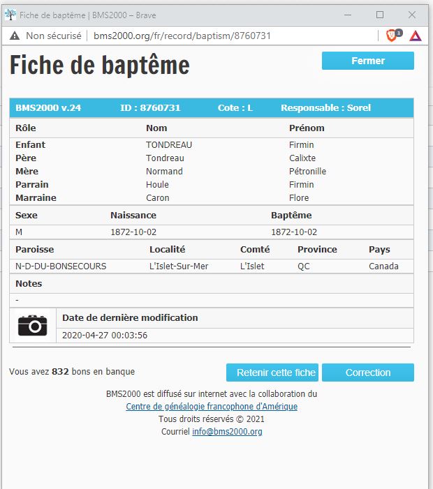 Fiche de baptême de la base de données BMS2000