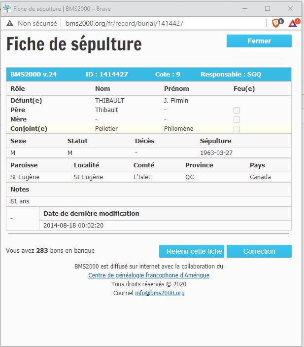 Fiche de sépulture de la base de données BMS2000