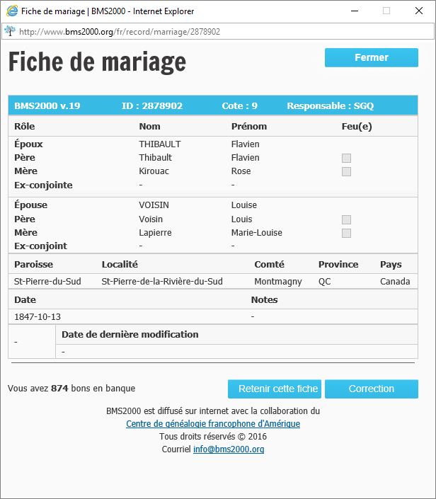 Fiche de mariage de la base de données BMS2000