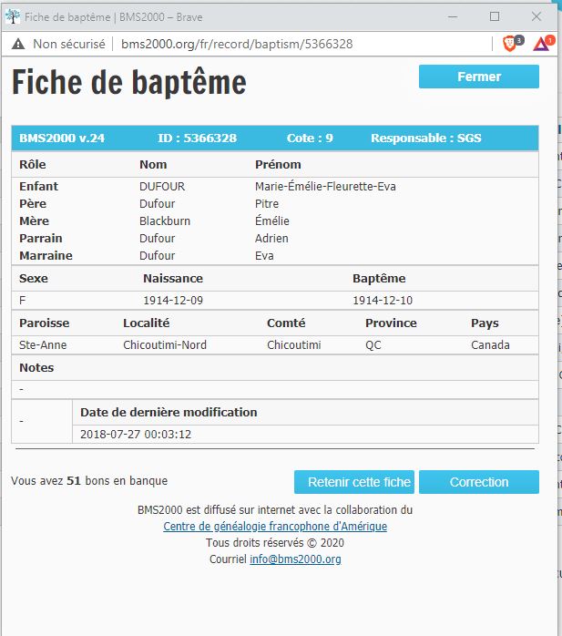 Fiche de baptême de la base de données BMS2000