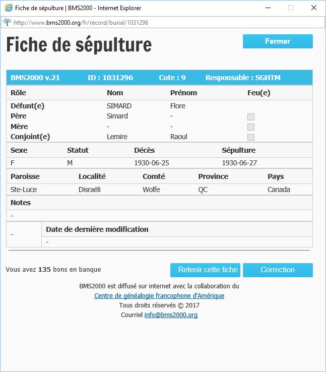 Fiche de sépulture de la base de données BMS2000