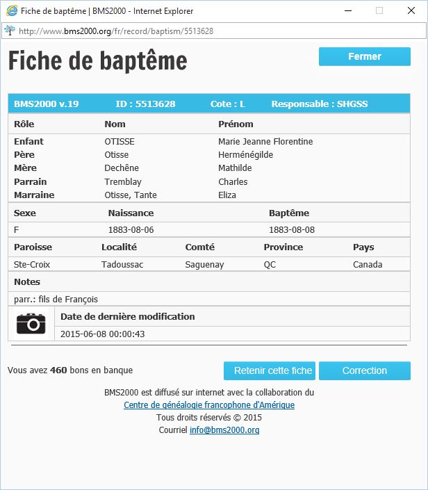 Fiche de baptême de la base de données BMS2000