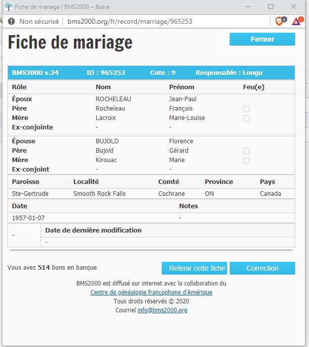 Fiche de mariage de la base de données BMS2000