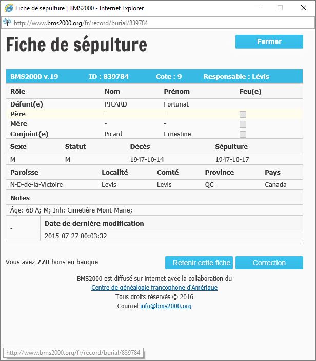 Fiche de sépulture de la base de données BMS2000