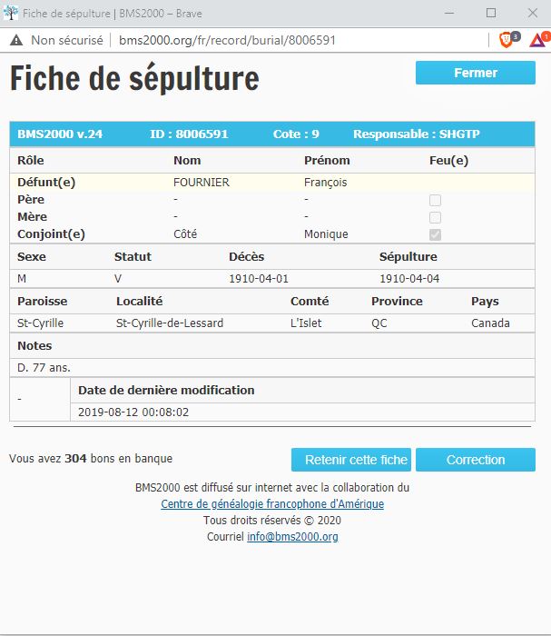 Fiche de sépulture de la base de données BMS2000