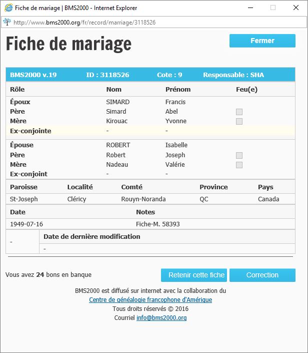 Fiche de mariage de la base de données BMS2000 Fiche de mariage de la base de données BMS2000