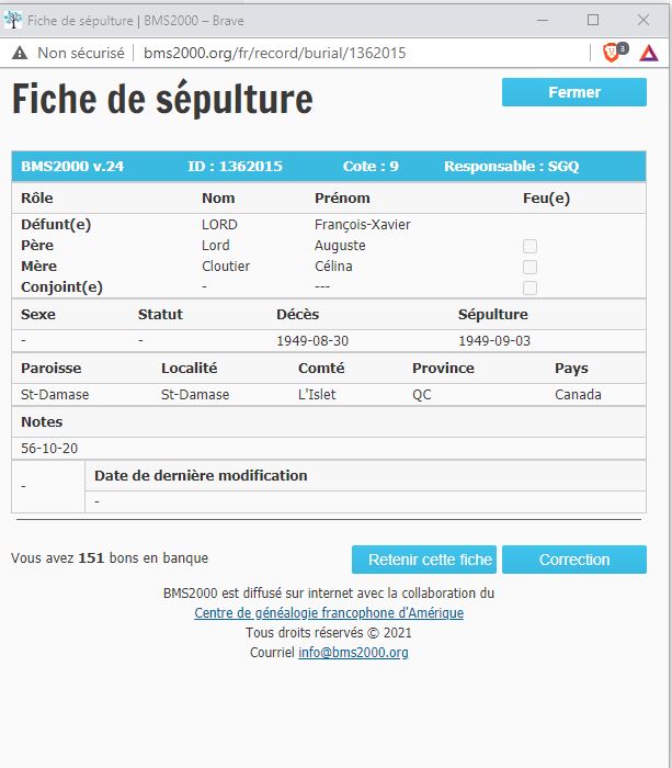 Fiche de sépulture de la base de données BMS2000