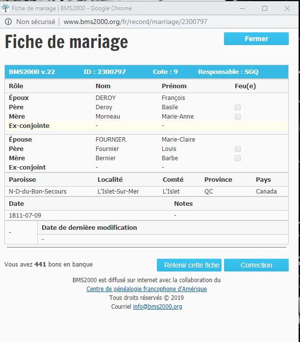Fiche de mariage de la base de données BMS2000