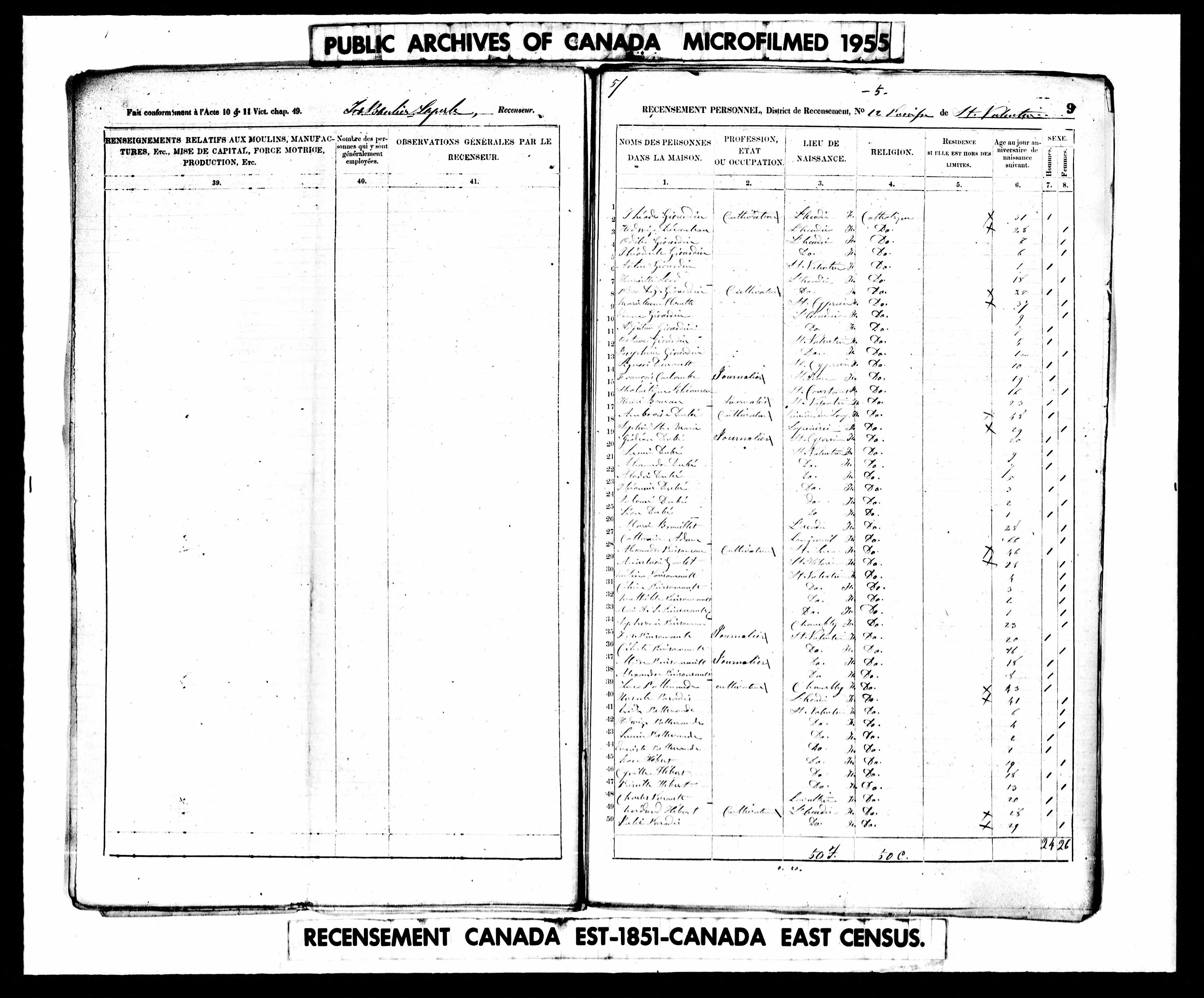 Recensement canadien 1851