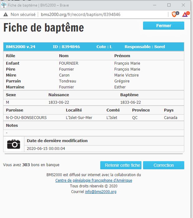 Fiche de baptême de la base de données BMS2000