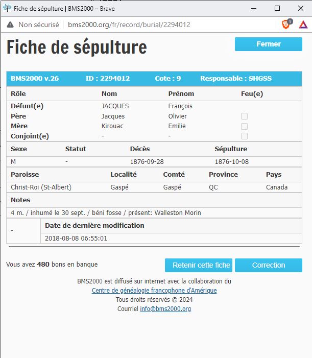 Fiche de sépulture de la base de données BMS2000