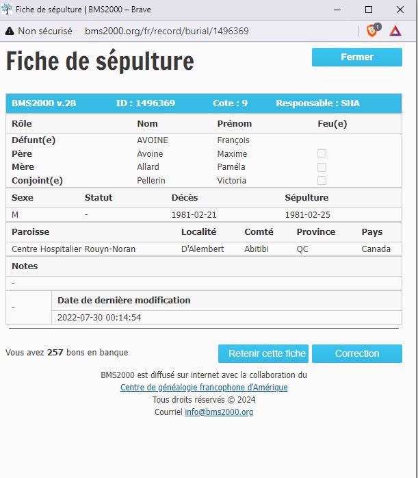 Fiche de sépulture de la base de données BMS2000