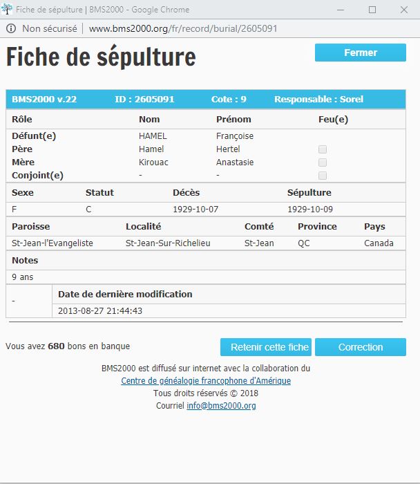 Fiche de sépulture de la base de données BMS2000
