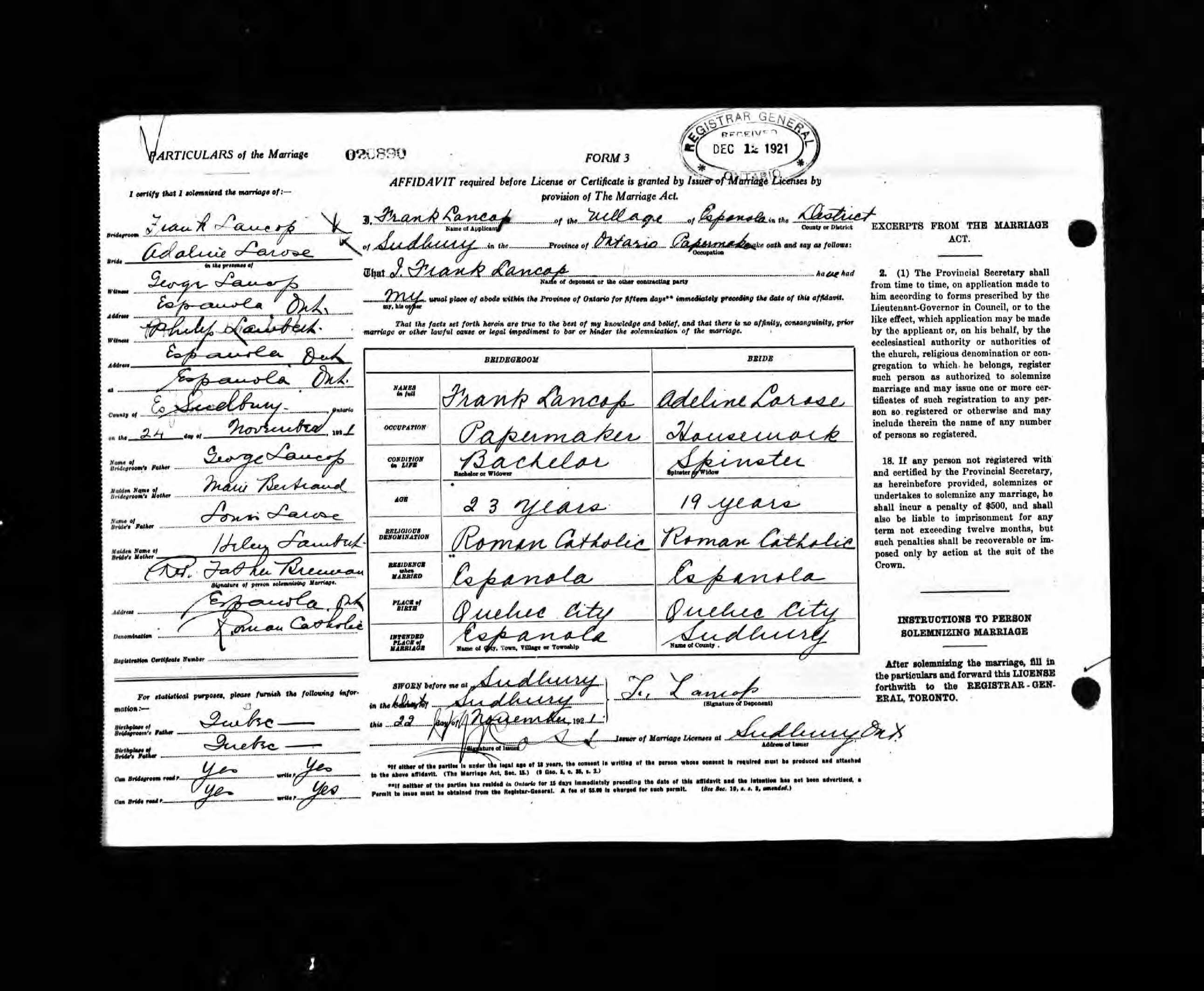 Enregistrement du mariage