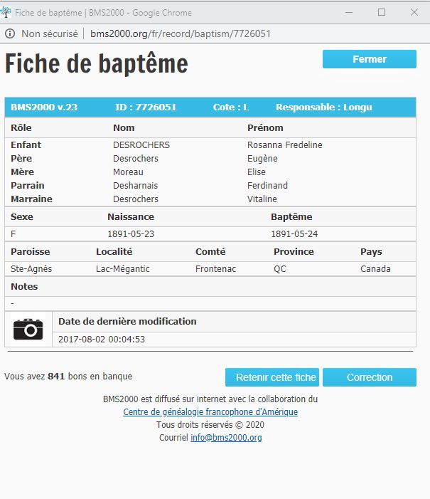Fiche de baptême de la base de données BMS2000 Fiche de baptême de la base de données BMS2000
