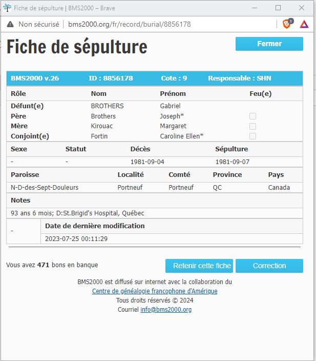 Fiche de sépulture de la base de données BMS2000