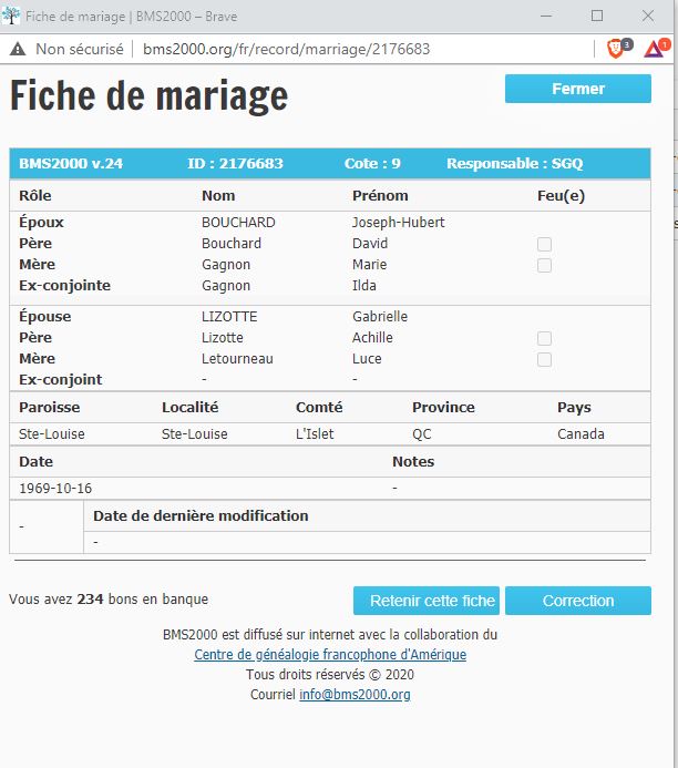 Fiche de mariage de la base de données BMS2000