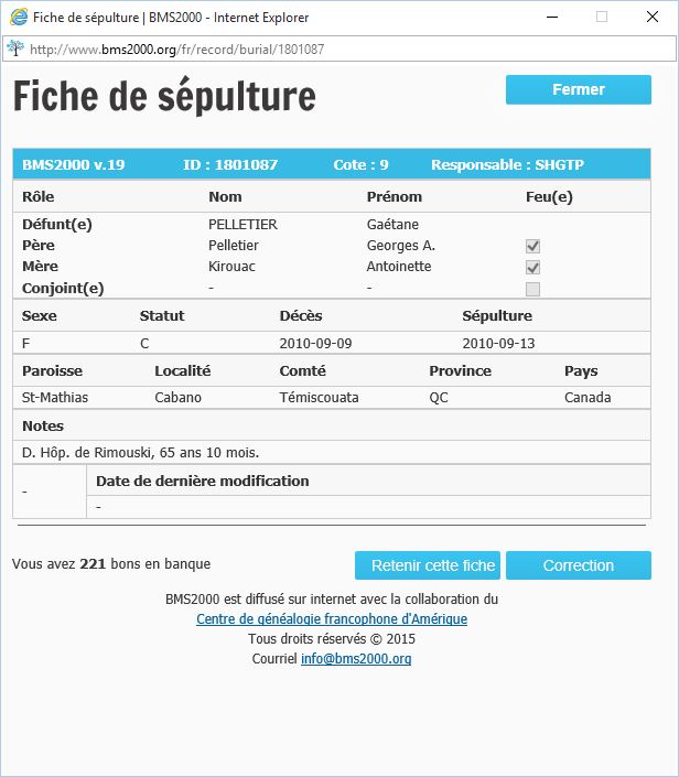 Fiche de sépulture de la base de données BMS2000