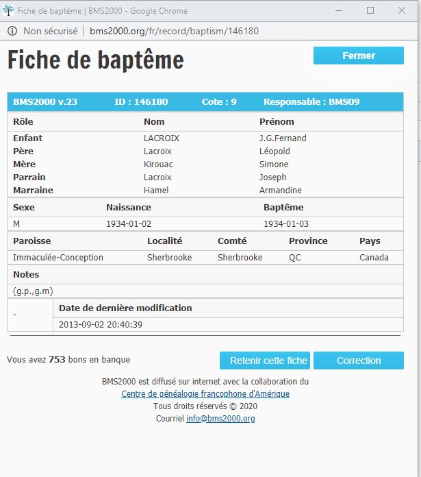 Fiche de baptême de la base de données BMS2000