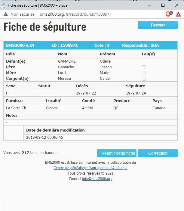 Fiche de sépulture de la base de données BMS2000
