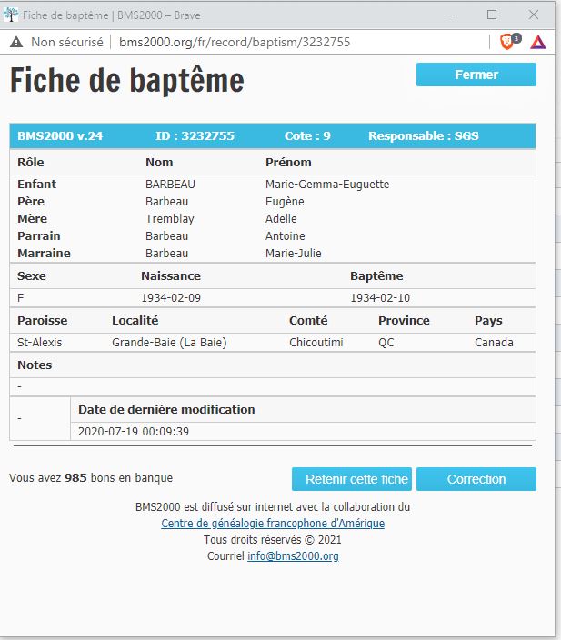 Fiche de baptême de la base de données BMS2000