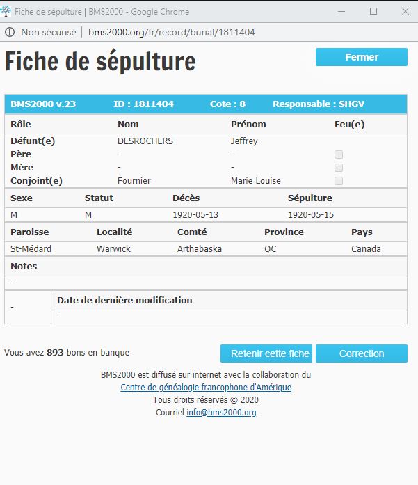 Fiche de sépulture de la base de données BMS2000 Fiche de sépulture de la base de données BMS2000