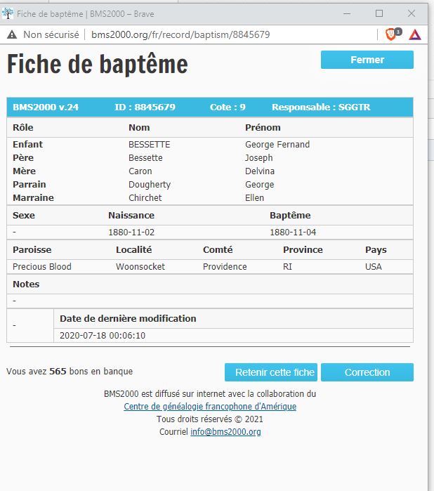 Fiche de baptême de la base de données BMS2000