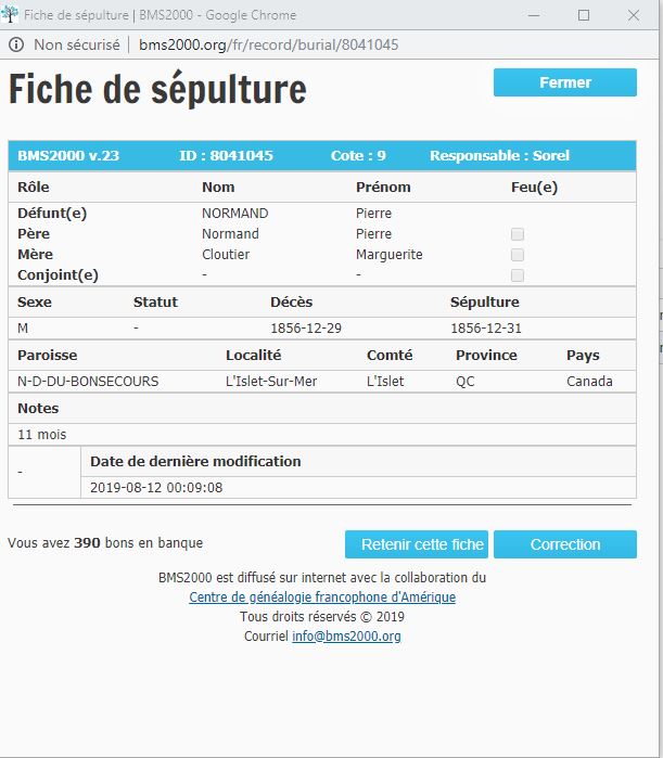 Fiche de sépulture de la base de données BMS2000