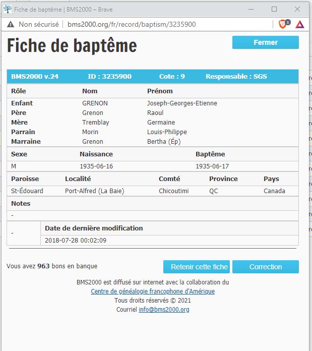 Fiche de baptême de la base de données BMS2000