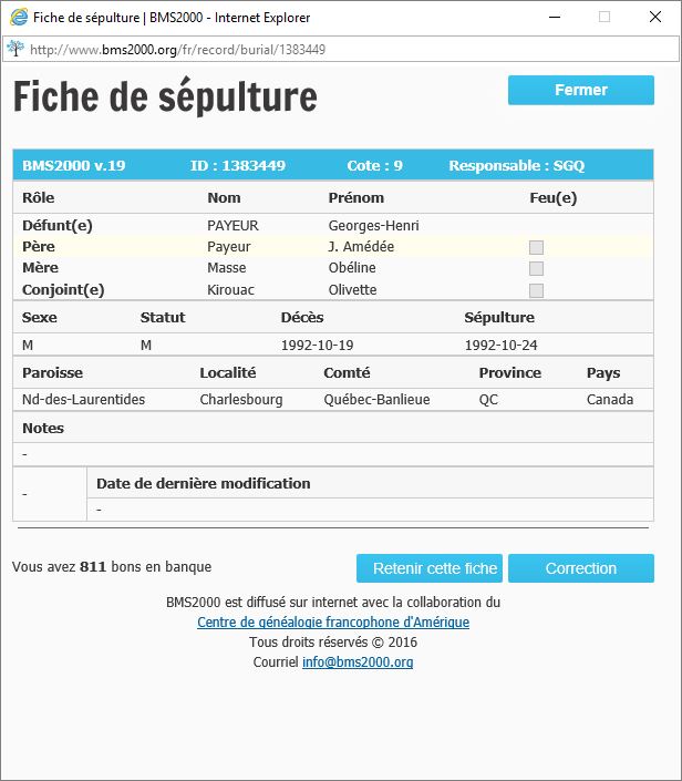 Fiche de sépulture de la base de données BMS2000