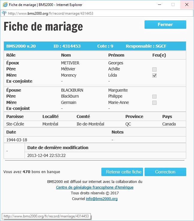 Fiche de mariage de la base de données BMS2000