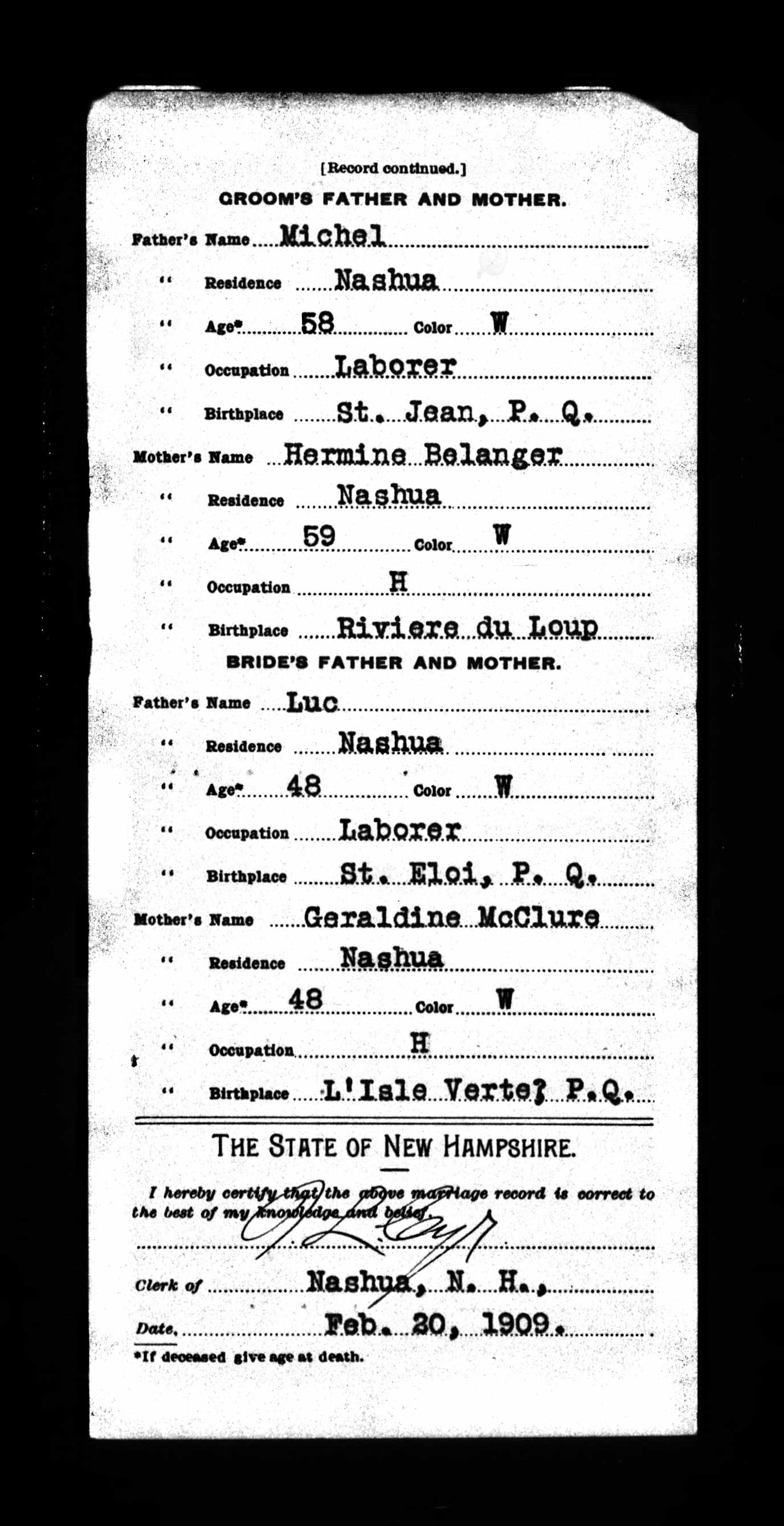 Enregistrement du mariage, verso