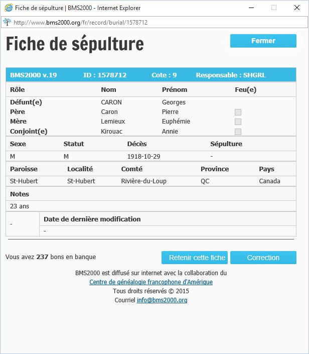 Fiche de sépulture de la base de données BMS2000