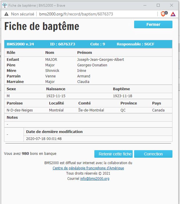 Fiche de baptême de la base de données BMS2000 Fiche de baptême de la base de données BMS2000