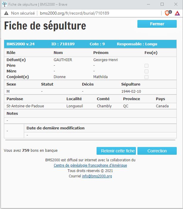 Fiche de sépulture de la base de données BMS2000
