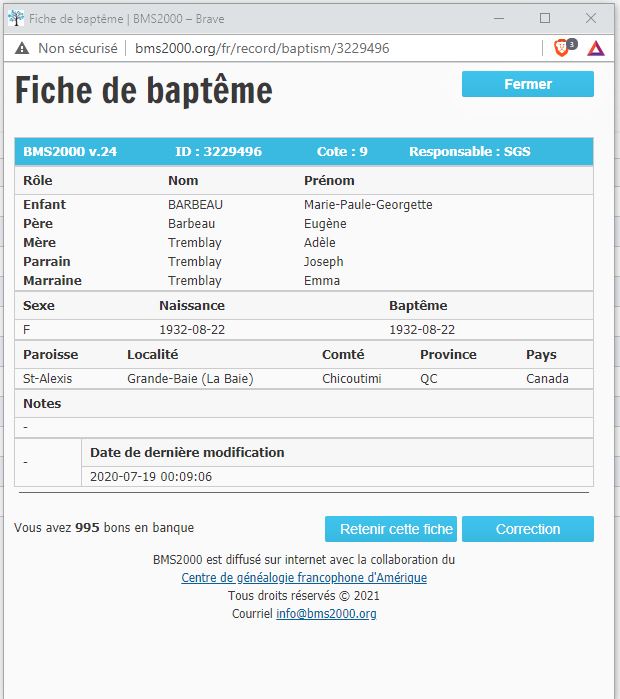 Fiche de baptême de la base de données BMS2000