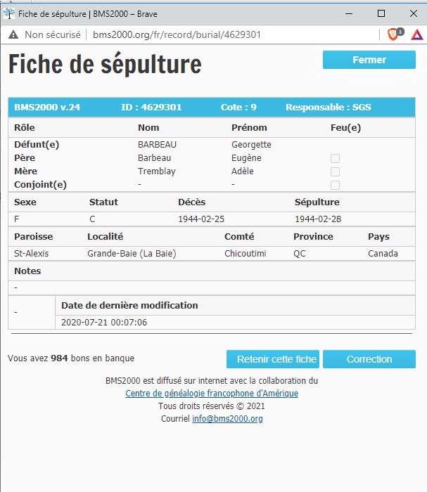 Fiche de sépulture de la base de données BMS2000