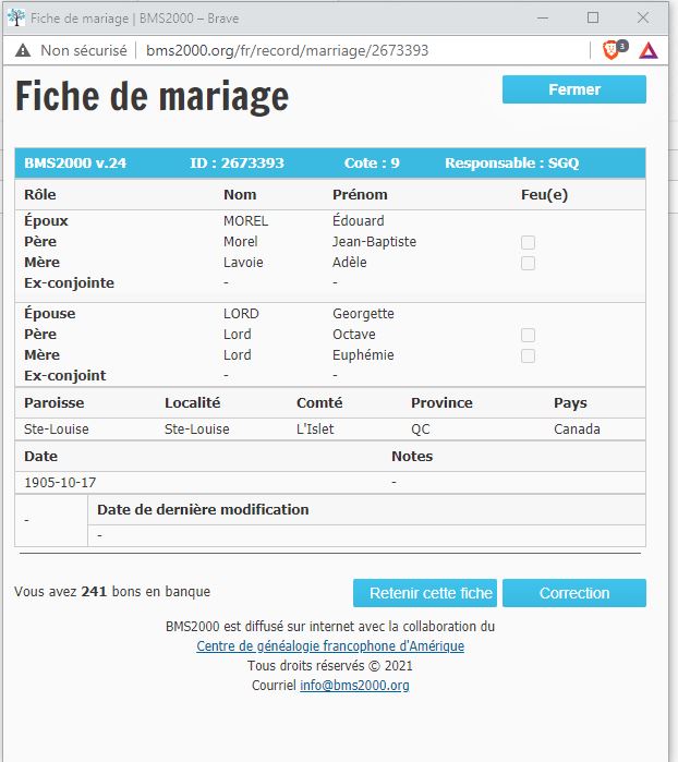Fiche de mariage de la base de données BMS2000