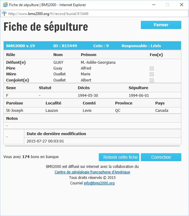 Fiche de sépulture de la base de données BMS2000