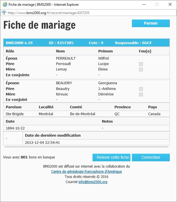 Fiche de mariage de la base de données BMS2000
