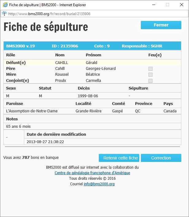Fiche de sépulture de la base de données BMS2000