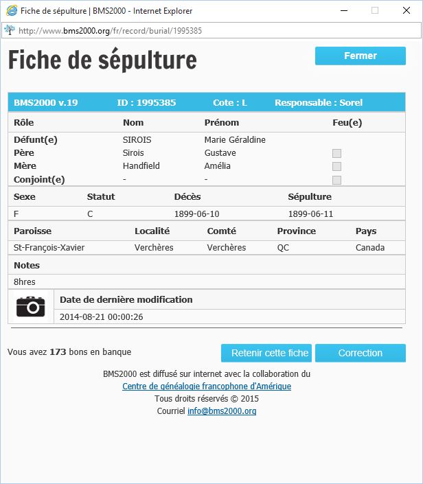 Fiche de sépulture de la base de données BMS2000