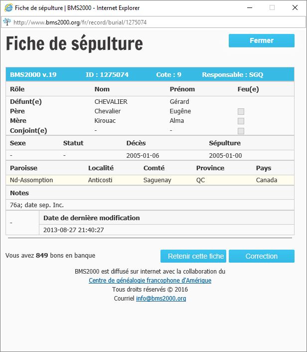 Fiche de sépulture de la base de données BMS2000