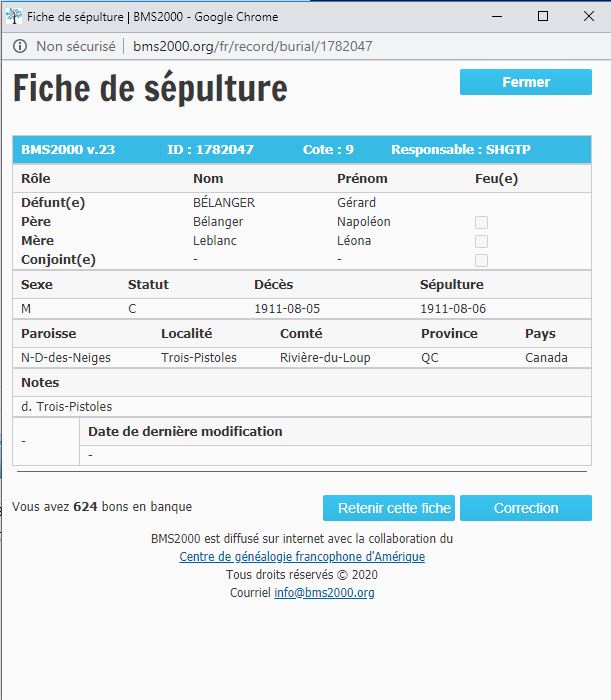 Fiche de sépulture de la base de données BMS2000